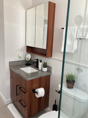 A modern bathroom with a granite countertop, a wooden vanity, a mirror, a toilet, and a shower area. - Modern, Cozy, Airy 3-Bedroom Tropical Escape in Oceanpointe, Hanover, Jamaica (Lucea)