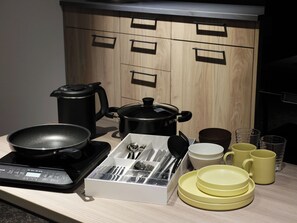 Kühlschrank, Mikrowelle, Herdplatte, Kochgeschirr/Geschirr/Besteck