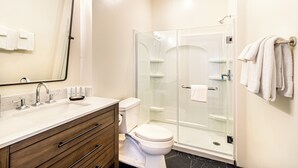 A modern bathroom with a glass-enclosed shower, a white toilet, and a vanity with a mirror and sink.