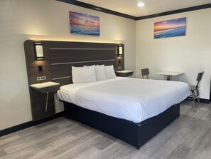Een moderne hotelkamer met een groot bed, een nachtkastje, een stoel, een klein bureau en twee aan de muur gehangen schilderijen.