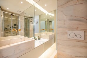 Shower, hair dryer, towels