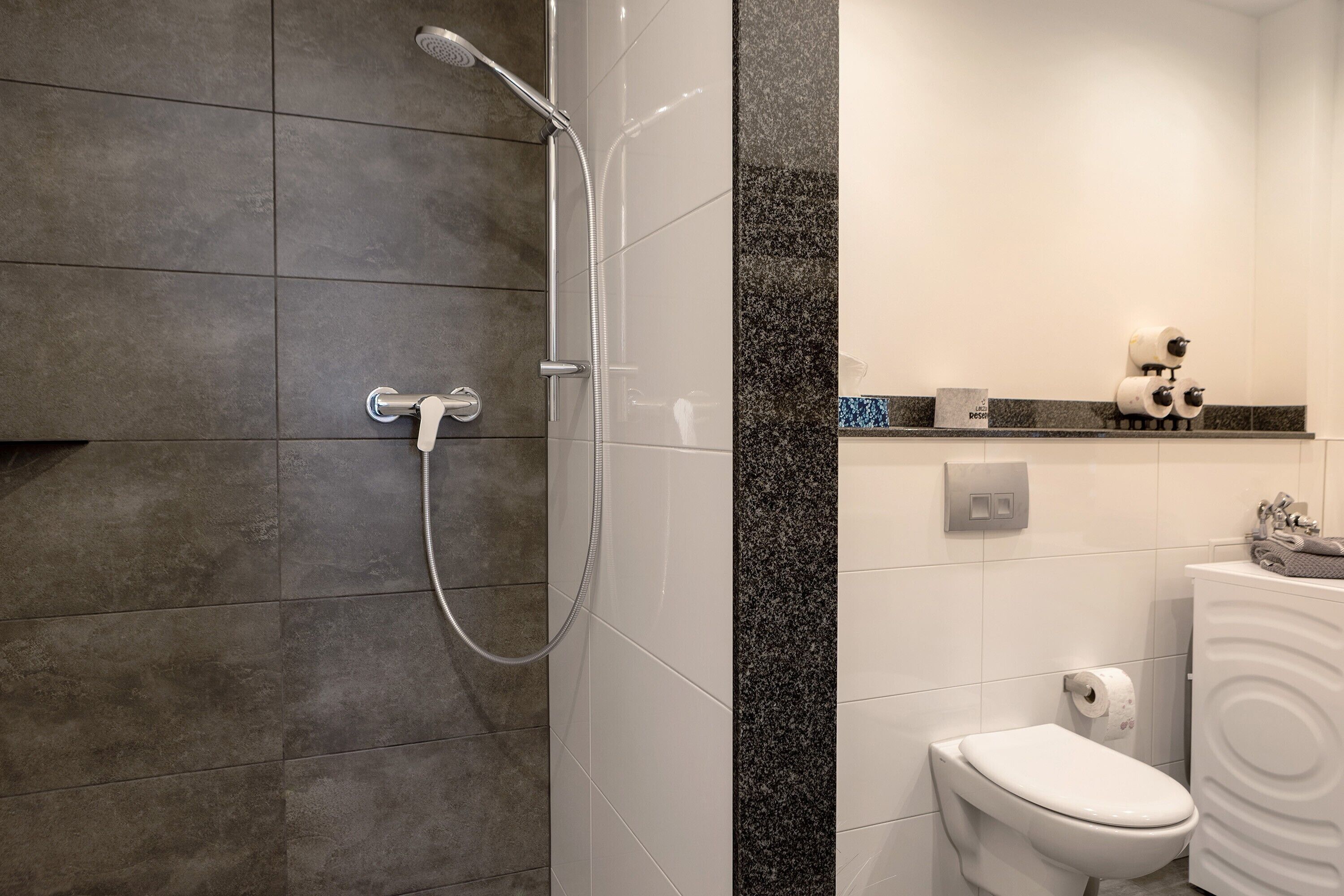 Dusch, hårtork och handdukar