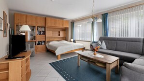 Een moderne woonkamer met een bed, bank, televisie, houten kasten en een groot raam met gordijnen.