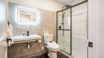 Regadera, secadora de cabello, toallas