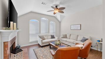 Smart TV, chimenea, libros y monitor de computadora