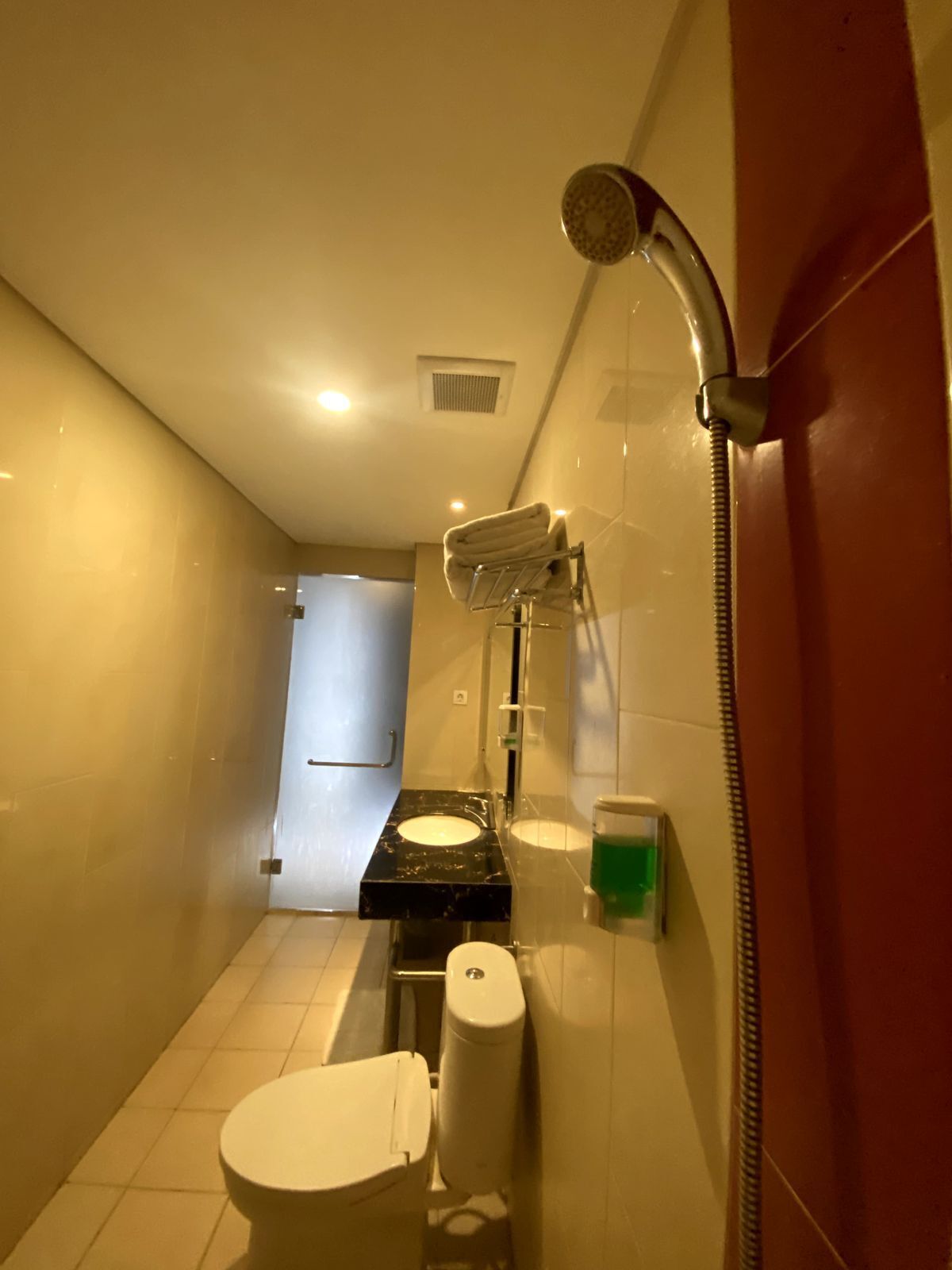 A compact bathroom with a toilet, sink, and shower.