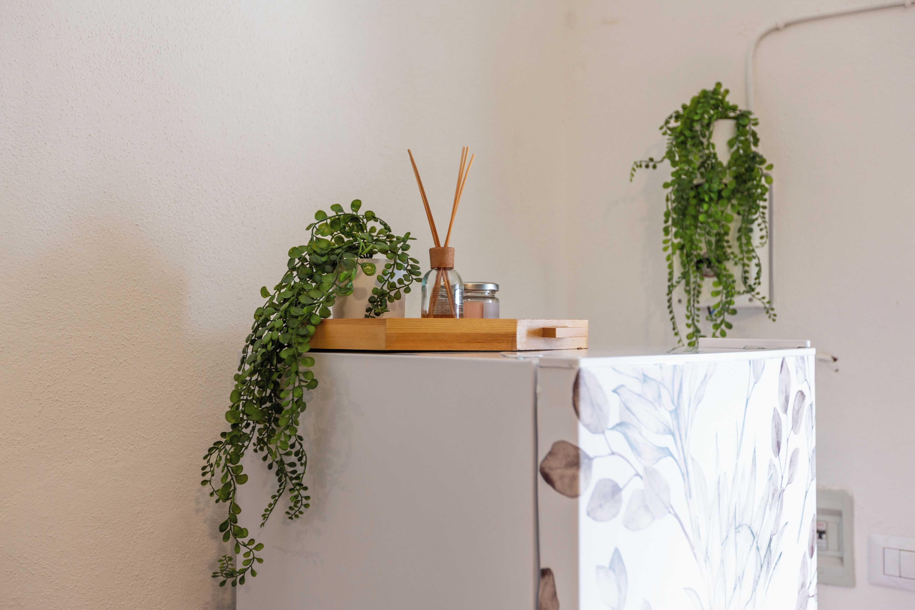 Un refrigerador blanco con una bandeja de madera encima, un difusor de cañas y una planta colgante.