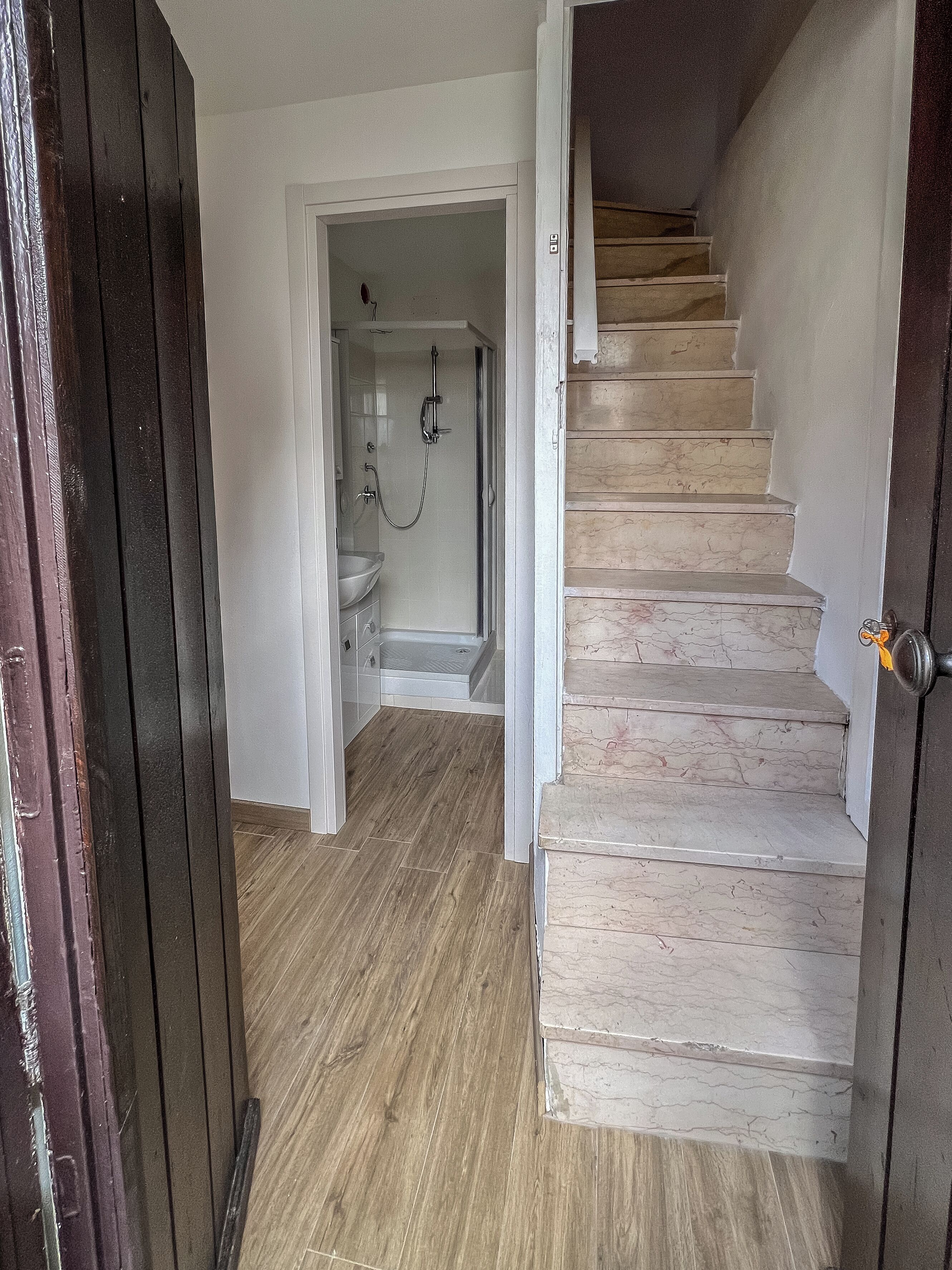 A staircase leading to a bathroom with a shower and a sink.