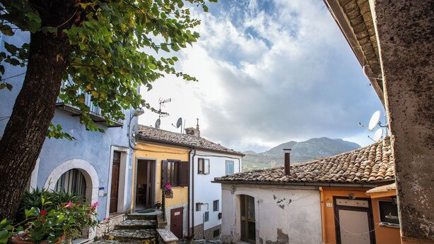 Une cour pavée, avec des bâtiments, un arbre et une montagne en arrière-plan.