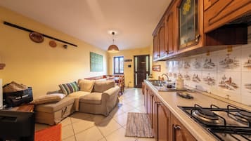 Casa, 1 habitación, balcón | Cocina privada | Refrigerador con congelador, microondas, horno y parrilla de estufa
