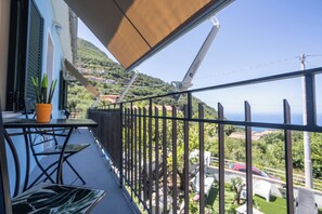 A balcony with a view of a hillside, a table with chairs, and potted plants. - B&B La Casa di Carolina (Maratea)