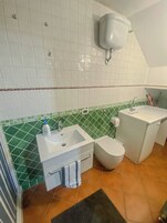 Un baño con un lavamanos blanco, un inodoro y una zona de ducha.