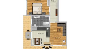 Grundriss eines Hotelzimmers mit Schlafzimmer (15,51 m²), Badezimmer (6,19 m²), Wohnbereich (10,46 m²) und Essbereich (19,02 m²).