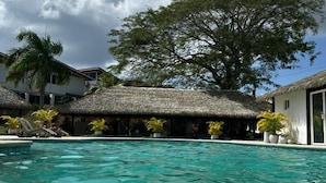 Uma piscina com estruturas de colmo e plantas em vasos ao redor.
