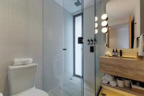 Shower, hair dryer, towels, shampoo