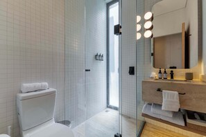 Shower, hair dryer, towels, soap