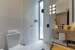 Shower, hair dryer, towels, soap