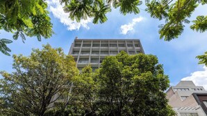 Un edificio a più piani dal design architettonico moderno, circondato da alberi verdi e rigogliosi.