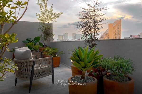 Terraza en la azotea con mobiliario de mimbre, plantas en macetas y vistas de edificios de la ciudad.