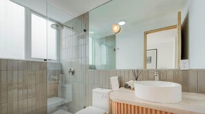 Shower, hair dryer, towels, shampoo