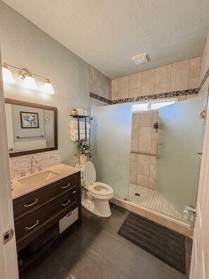 Shower, hair dryer, towels, soap