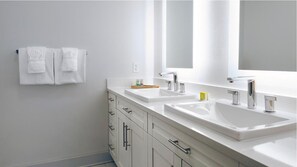 Hair dryer, towels, soap, shampoo
