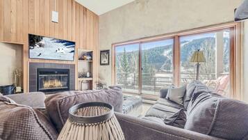 Smart TV, fireplace, DVD player