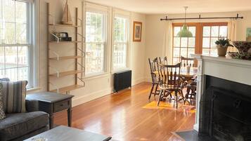 Smart TV, fireplace, books