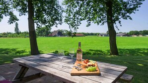 A picnic table with a bottle of wine, glasses, and a cheese board with grapes and other items.