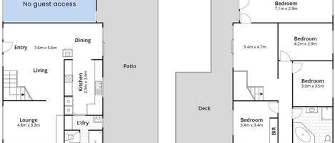 Plano de planta de un hotel que muestra un comedor, cocina, sala de estar y varias habitaciones.