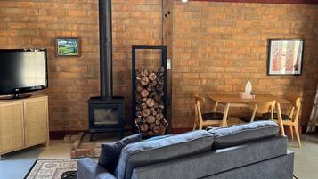 Smart TV, fireplace, books