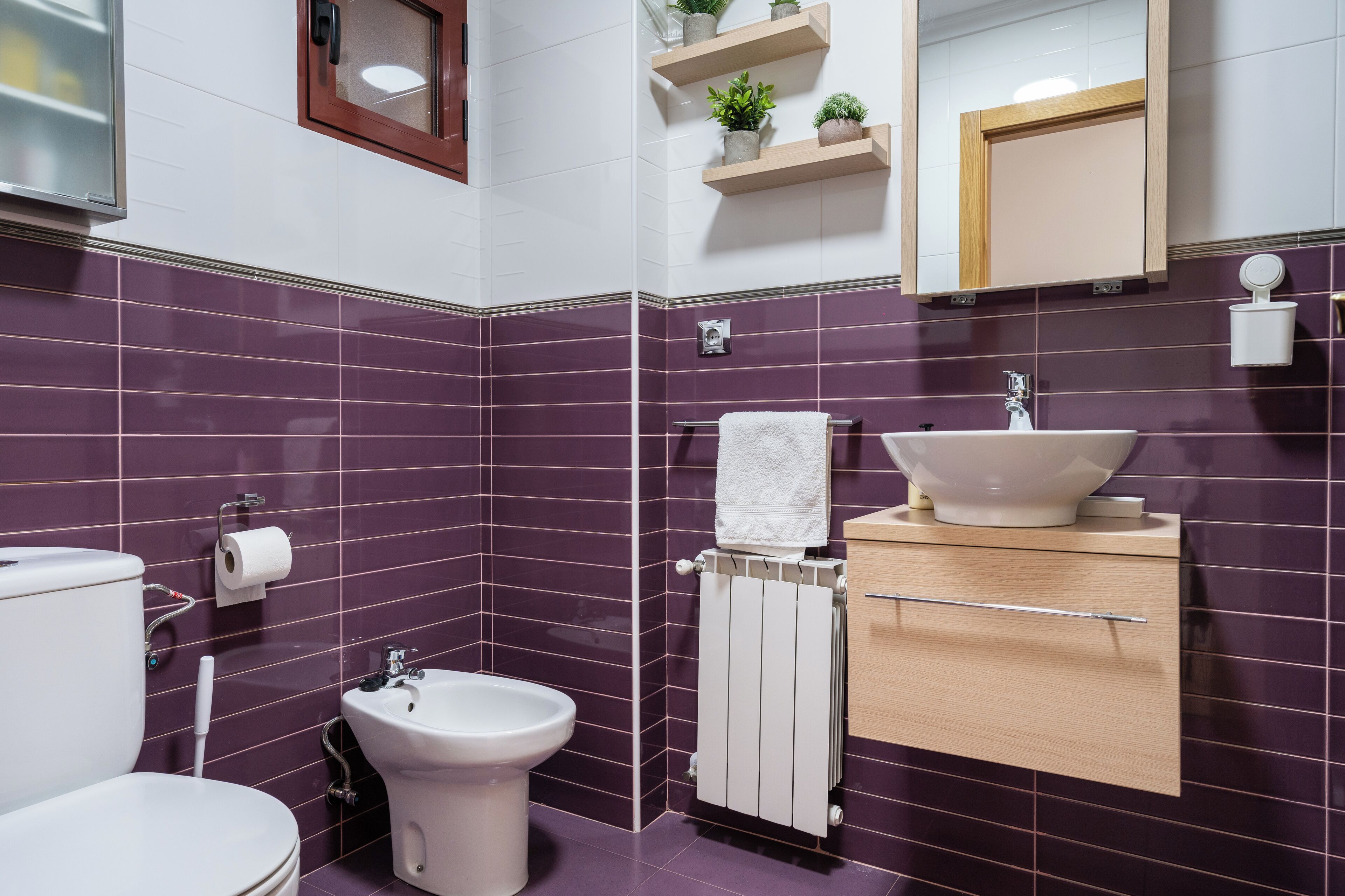 A bathroom with a toilet, bidet, sink, mirror, towel rack, and a small shelf with plants.