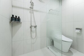Hair dryer, bathrobes, towels, soap