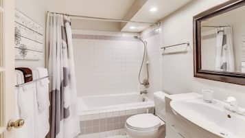 Hair dryer, towels, shampoo