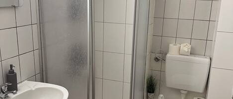 A bathroom with a shower enclosure, a sink, a toilet, and a toilet paper holder.