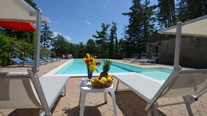 A poolside area with lounge chairs, a table with a fruit basket and flowers, and a clear blue sky. - Villa Francesca in Scheggia (Anghiari)
