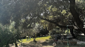 A park with trees, a swing set, and outdoor furniture.
