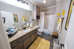 Hair dryer, towels, toilet paper