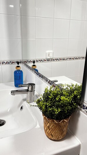 Douche, sèche-cheveux, serviettes fournies, savon