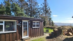 Una pequeña cabaña de madera con puerta y ventanas, rodeada de césped y árboles.