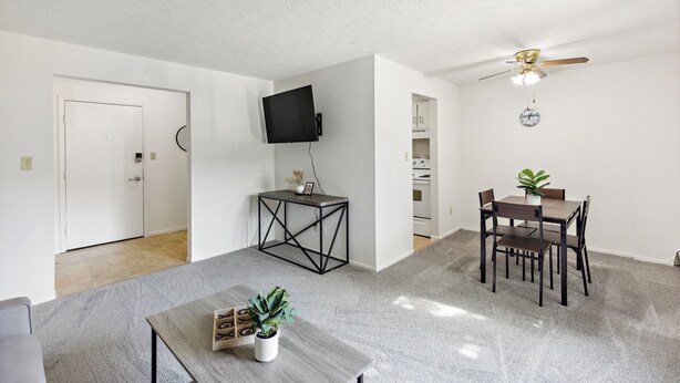 Ein modernes Wohnzimmer mit Flachbildfernseher, einem Esstisch mit Stühlen, einem Deckenventilator und einem kleinen Beistelltisch mit Pflanze.