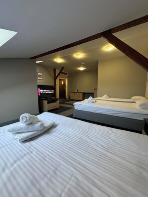 A hotel room with two beds, a TV, a small kitchenette, and a bathroom visible through an open door. - Magiczna Farma Mąka i Magia (Zambrów)