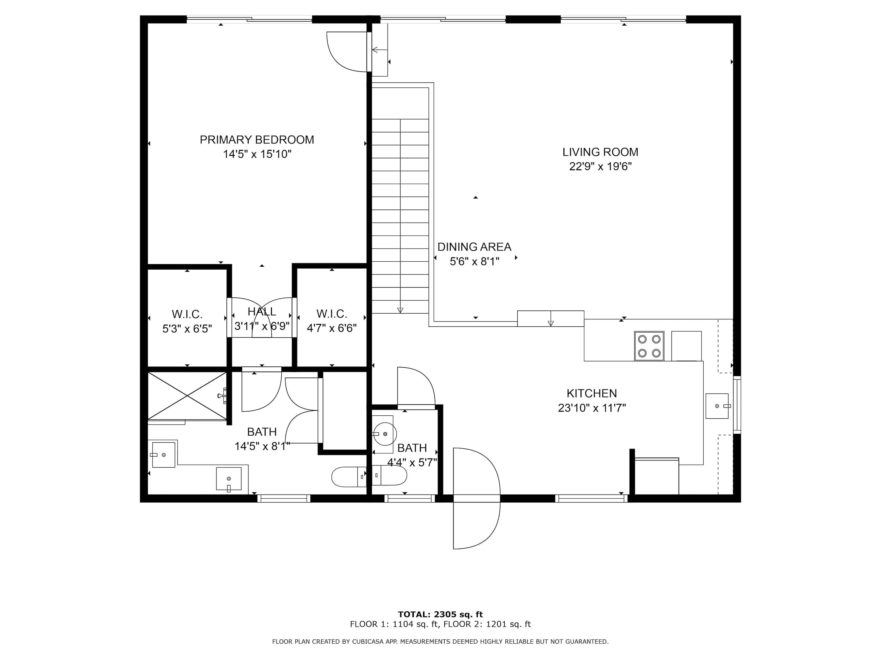 Grundriss eines Hauses mit Hauptschlafzimmer, Wohnzimmer, Küche, Essbereich, zwei Bädern und einer Diele.