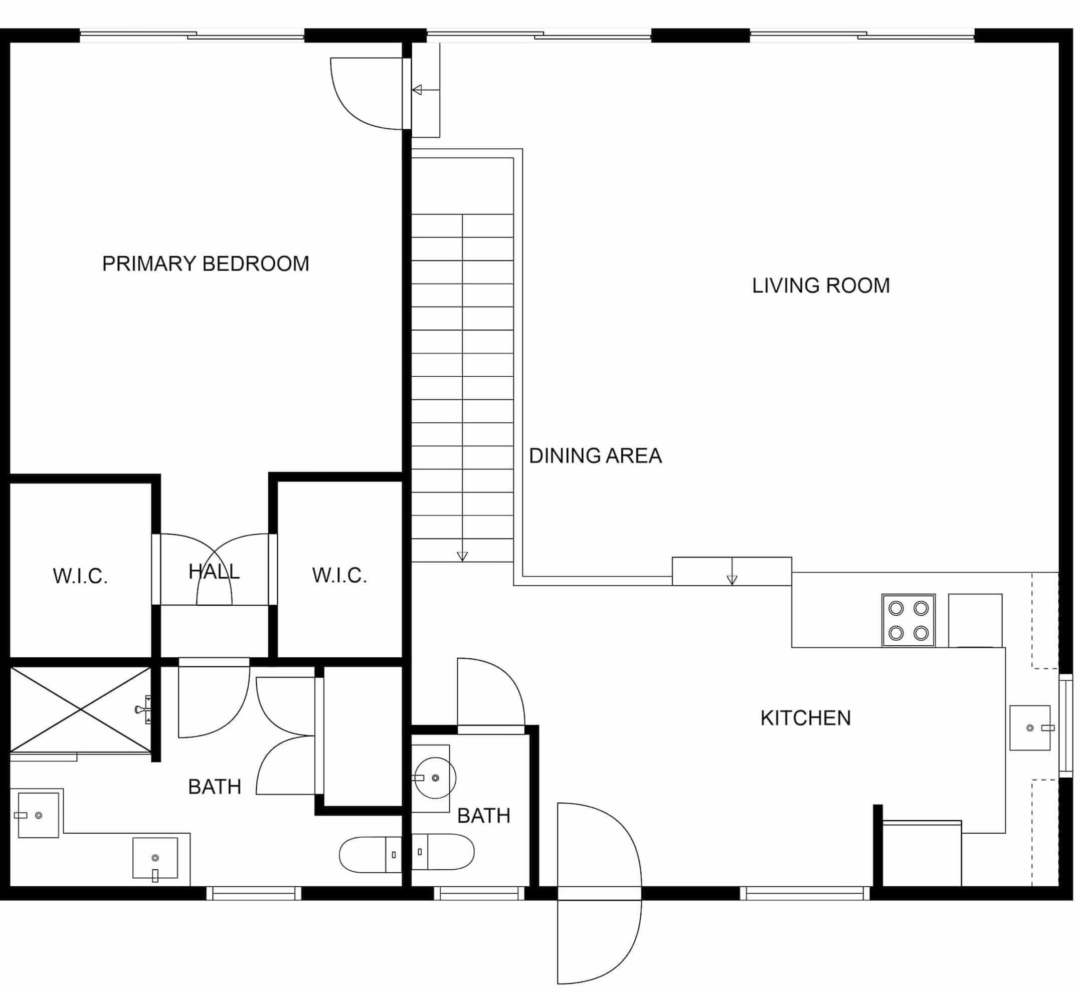 Plano de planta que muestra un dormitorio principal, sala de estar, comedor, cocina, dos baños, un vestíbulo y dos áreas tipo W.I.C. (habitaciones húmedas).