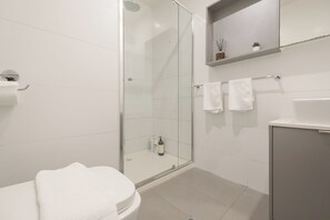 Hair dryer, towels, soap, shampoo