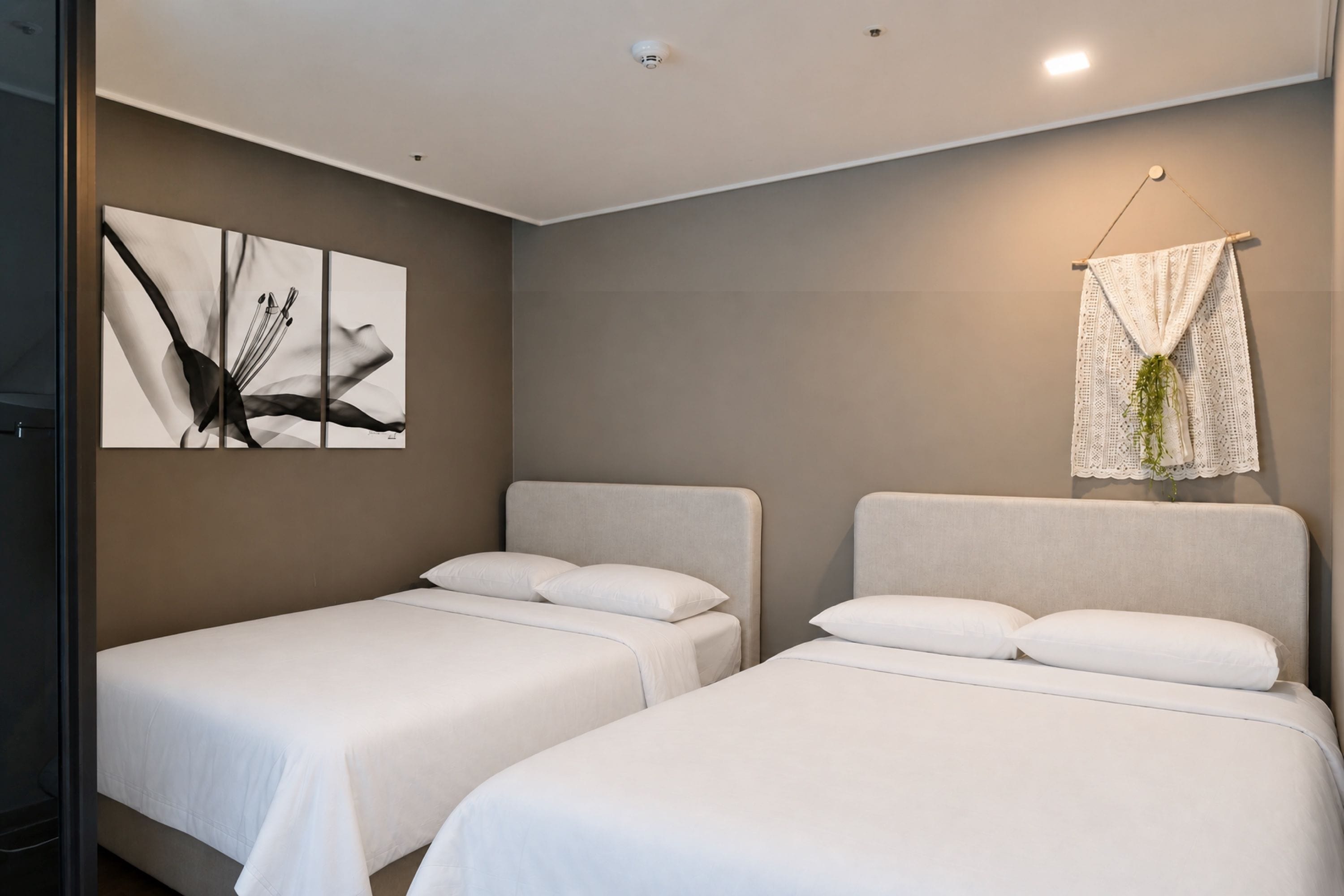 A hotel room with two beds, a wall-mounted artwork, and a hanging plant.