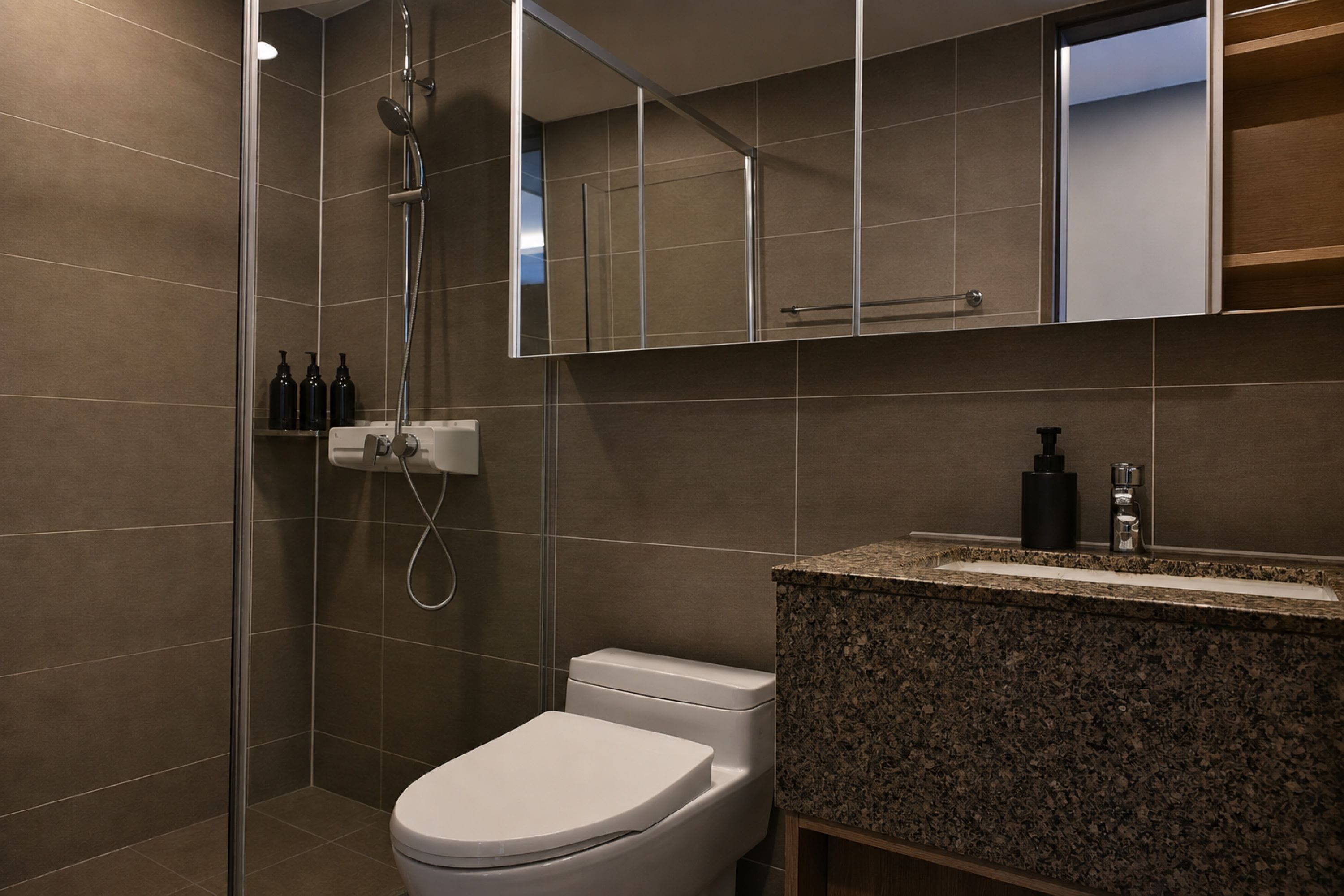Un baño moderno con inodoro, ducha y lavamanos.
