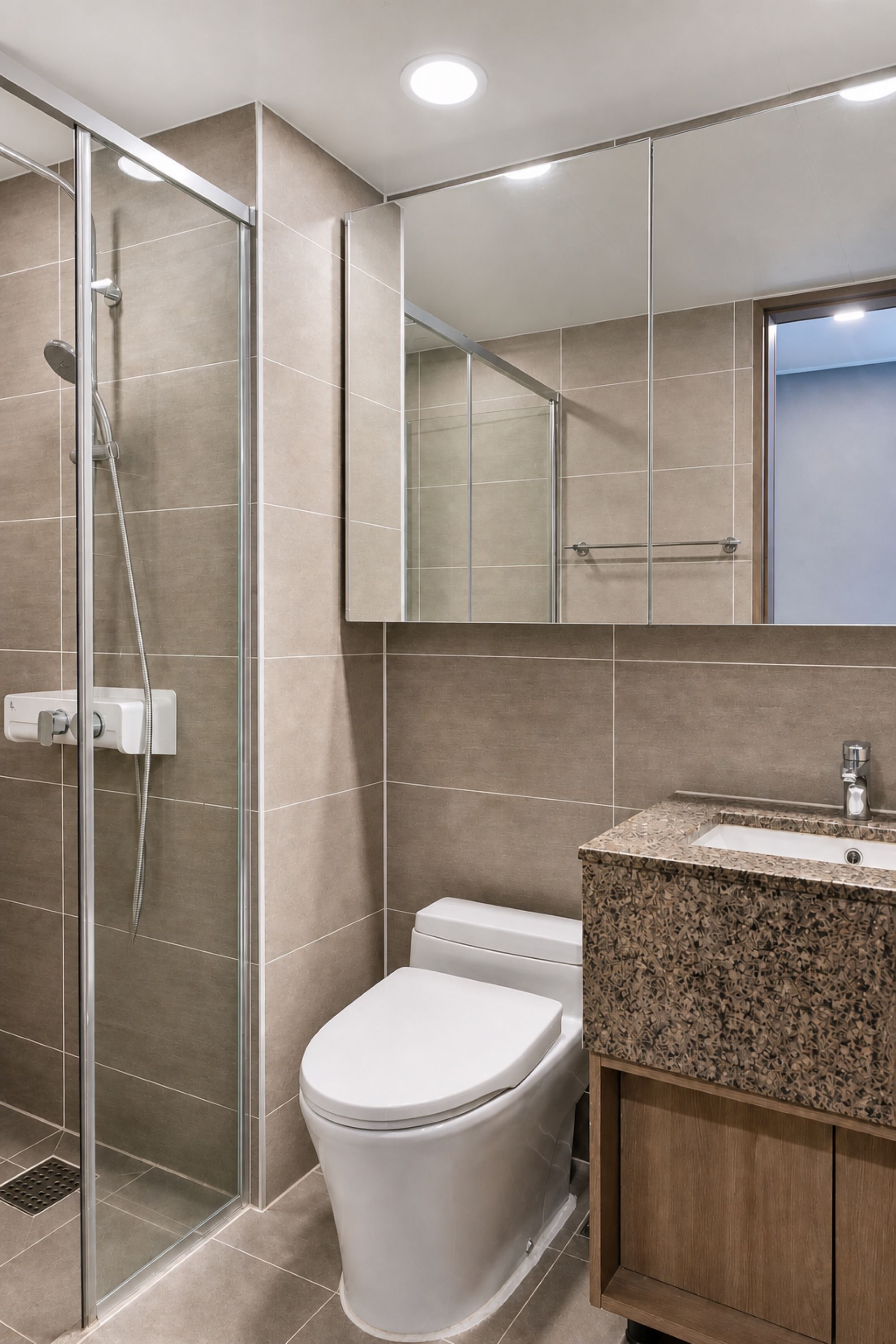 A modern bathroom with a glass-enclosed shower, a white toilet, and a granite countertop sink.