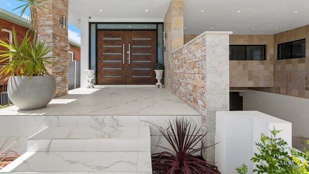 Una entrada moderna con fachada de piedra, una planta grande en maceta y una escalera de mármol que conduce a una puerta con paneles de vidrio.