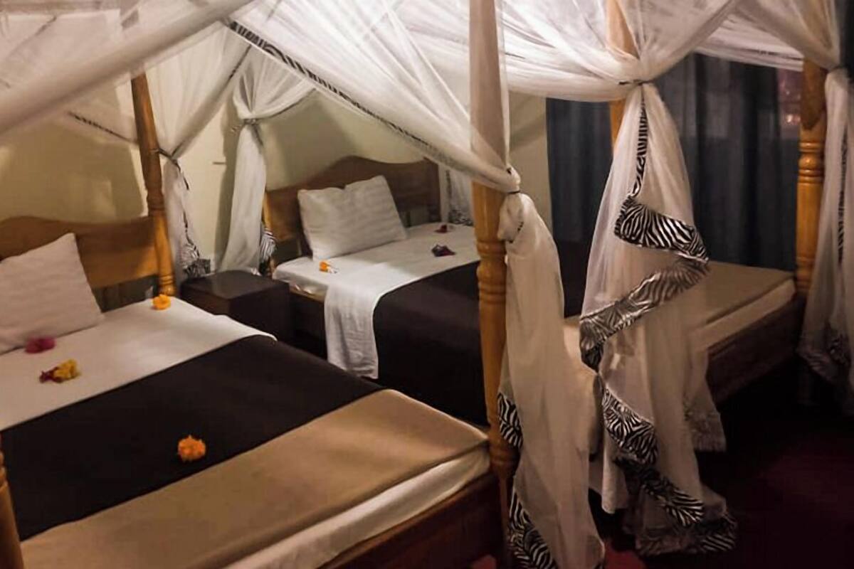 A room with two single beds, each with a canopy.